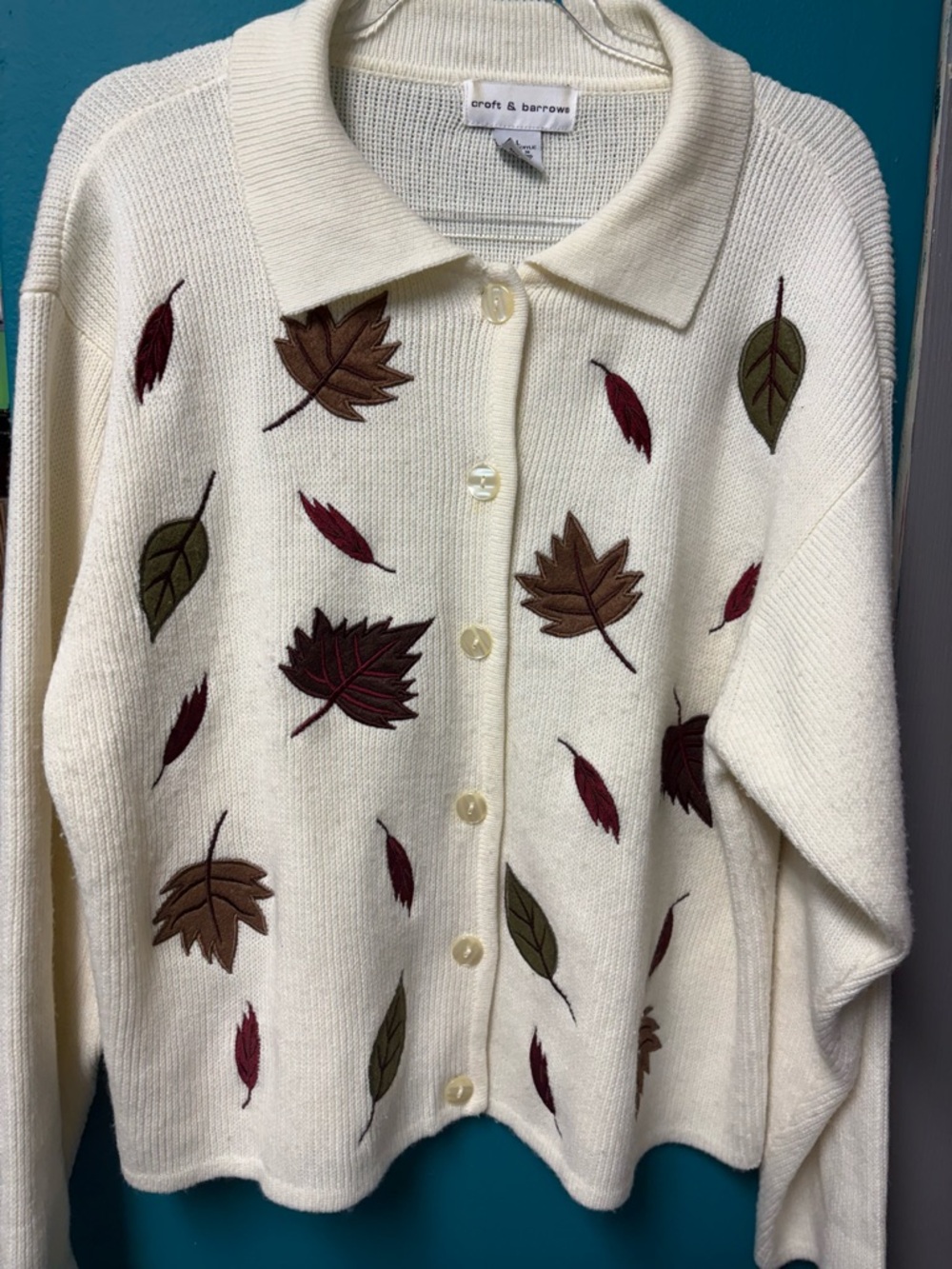 croft & barrow Cream Button-Up Cardigan with Autumn Leaf Embroidery